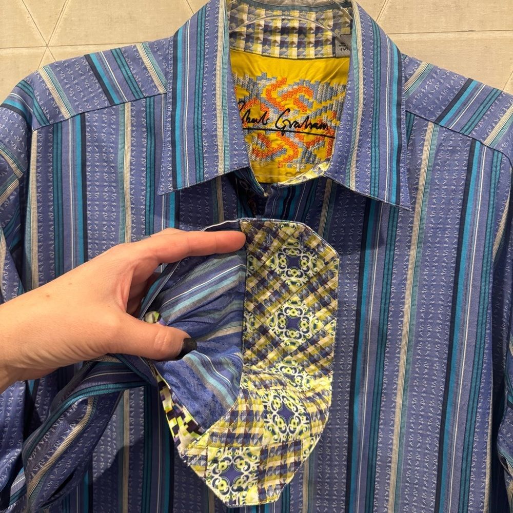 Robert Graham Men's Shirt L Multicolor Striped Embroidered 100% Cotton Casual